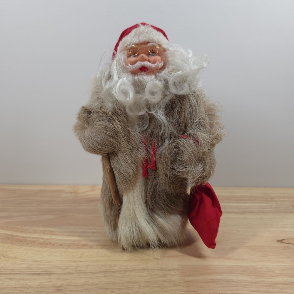 Vtg Santa Claus Christmas Figure Handmade Folk Art With Reindeer Fur & Stick 10"